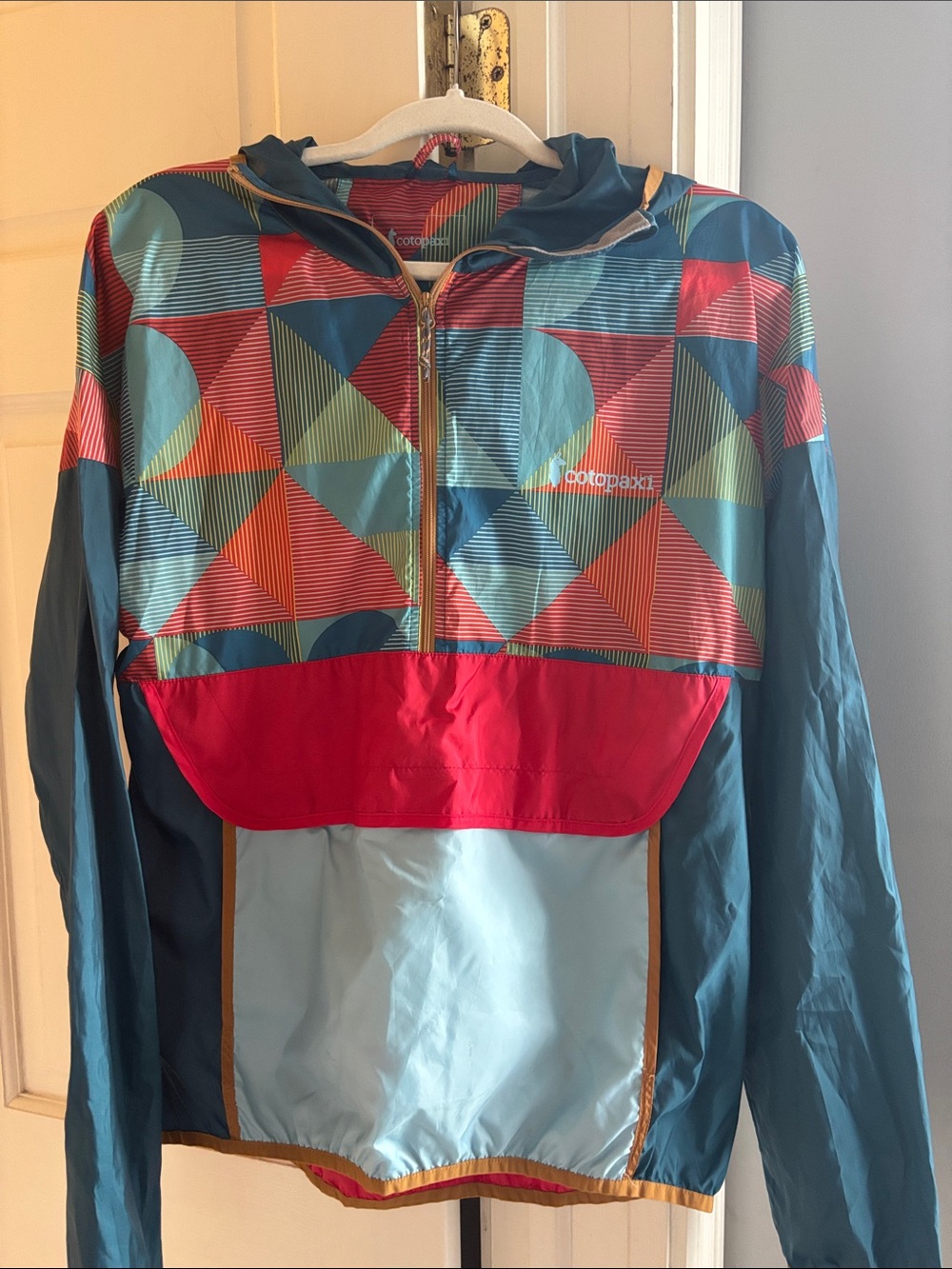 cotopaxi Teal, Red, Light Blue Geometric Colorblock Anorak